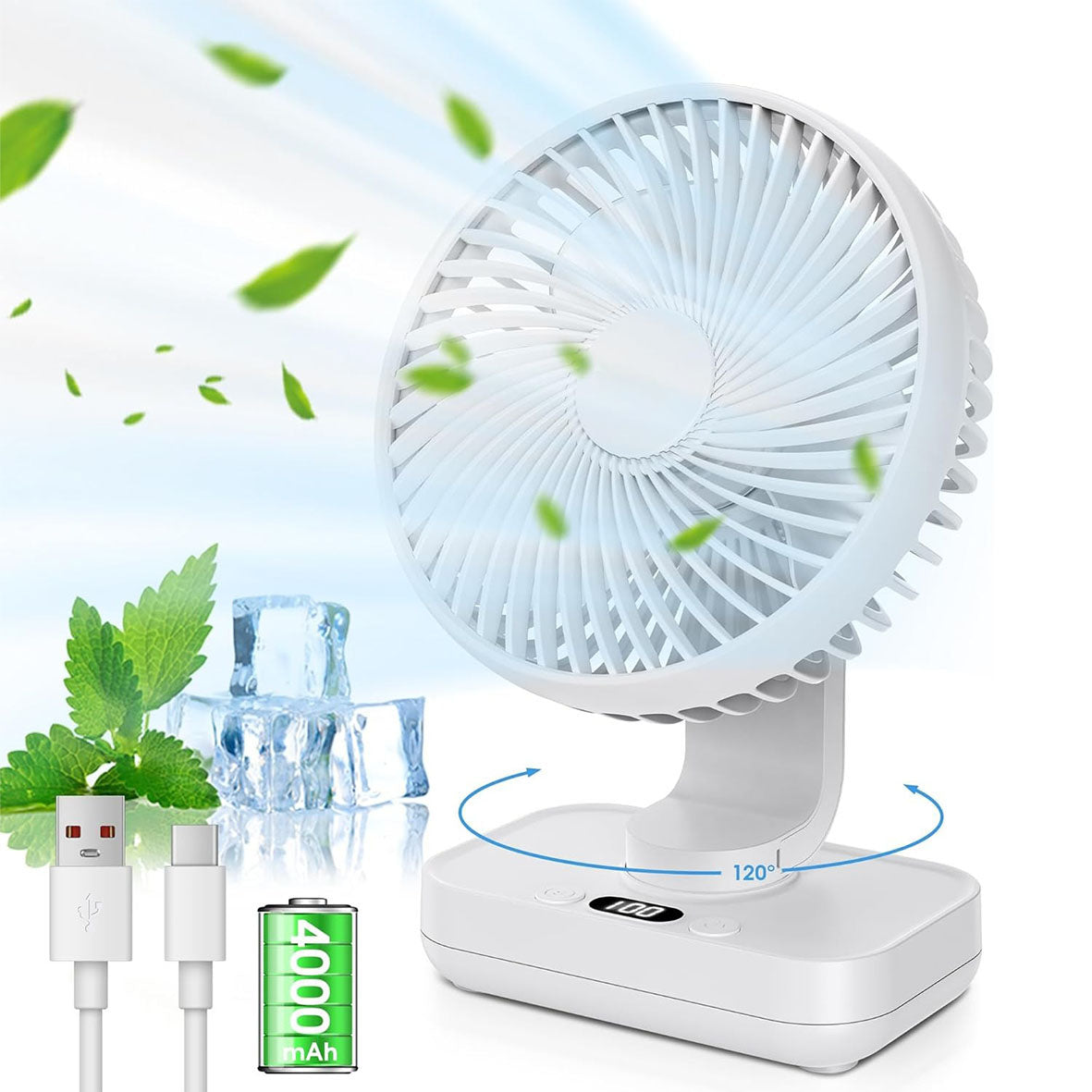 PLAYHOT RotateAir Mini 5.5'' Auto Oscillating Rechargeable Fan 4000mAh, 4 Speeds, LED Screen, Small USB Desk Fan Portable for Home,Bedroom, Office,Travel,Camping